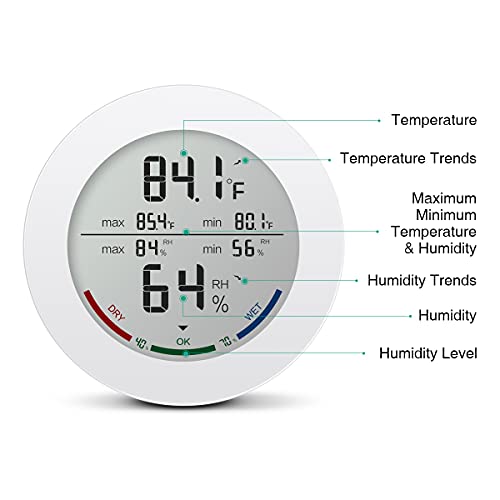 ORIA Digital Termómetro Higrómetro Interior, Medidor Temperatura y Humedad, Temperatura y Humedad Monitor con LCD Pantalla, Min/Max Registros y Tendencia de Temperatura, para Casa y Oficina – Blanco