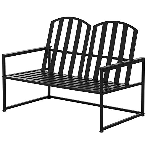 Outsunny Banco de Jardín de 2 Plazas Metal con Respaldo Alto y Reposabrazos para Exterior Parque Patio Terraza Estilo Rústico Carga Máx. 220 kg 108x63x80,5 cm Negro