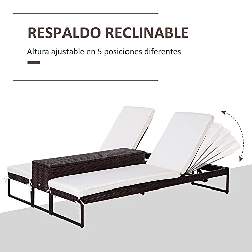 Outsunny Conjunto de 2 Tumbonas de Jardín con Cojines Acolchados Ratán con Mesa Auxiliar para Piscina o Terraza Carga 160kg 195x60x86 cm Acero Marrón