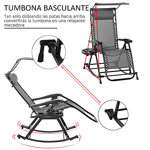 Outsunny Silla Mecedora de Jardín Plegable Tumbona Reclinable con Techo Protección Solar Reposacabezas Extraíble y Reposapiés Estructura de Acero 120x67x102 cm Gris