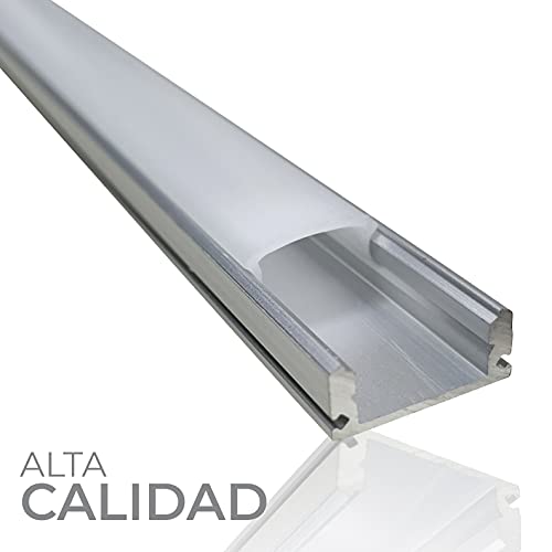 Pack 5x Perfil de Aluminio para Tira LED con Tapa Translucida. Tapones de los Extremos y clips de montaje Incluidos. Canaleta LED.