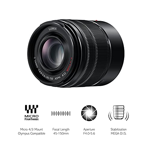 Panasonic LUMIX H-FS45150 - Objetivo Tele Zoom para cámaras de montura M4/3 (Focal 45-150 mm, F4-F5.6, tamaño filtro 52 mm, lentes asféricas, MEGA O.I.S), negro