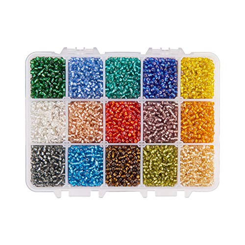 PandaHall Elite Aproximadamente 22500 Piezas 12/0 2mm Multicolor Abalorios de Semillas de Cristal, 15 Colores Redondo Pony Bead Mini Espaciador Checo Perlas con 1mm Plata Forrada Agujero Redondo