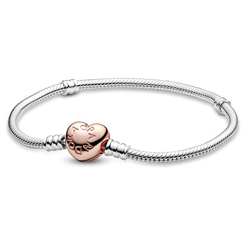 Pandora Pulsera de eslabones de serpiente con cierre de corazón con plata de ley y aleación de metal chapado en oro rosa de 14k Pandora Colección Moments, 18 cm