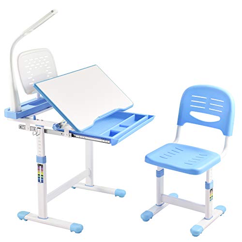 Papasbox Juego de Escritorio y Silla para Niños, Juego de Escritorio para Niños, Mesa de Estudio para niños, Altura Regulable, con luz + Soporte para Libros, para el hogar y la Escuel(Azul)