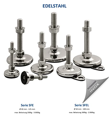 Patas para máquina SFE 50, juego de 4, diámetro de 50 mm, acero inoxidable, tamaños de rosca M8-M30 (M10 x 100)