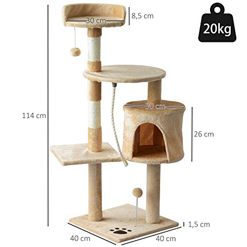 PawHut Árbol para Gatos Rascador Grande con Plataformas Casetas Bolas de Juego 114cm Cubierto de Felpa Beige