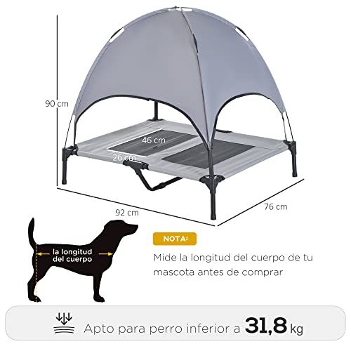 PawHut Cama Elevada para Mascotas Portátil con Toldo Extraíble Tela Transpirable al Aire Libre para Interior y Exterior 92x76x90 cm Gris