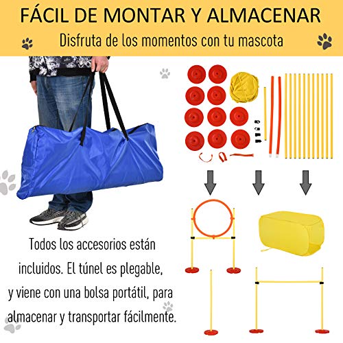 Pawhut Conjunto 4 Obstáculos de Entrenamiento para Perro Set de Agilidad para Mascotas Estable Altura Ajustable de Aro con Túnel Postes y Bolsa Transporte Amarillo