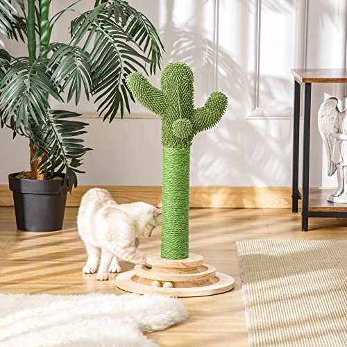 PawHut Poste Rascador para Gatos en Forma de Cactus Pequeño Árbol Rascador para Gatos con Poste de Sisal y Felpa Pelota Colgante y Base con Juego de Madera 32x32x60 cm Verde