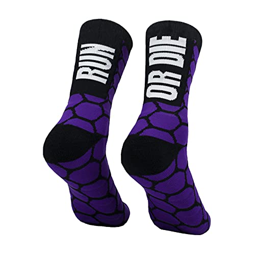 PERRO LOCO CLOTHES Calcetines compresivos de Running con Refuerzo en Puntera, prepuntera y talón. Edición Limitada. (Run OR Die Morado, 40-42)