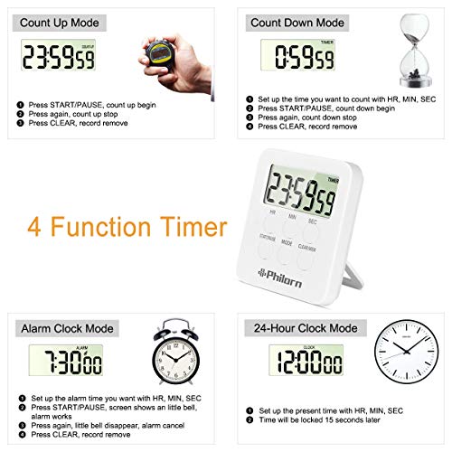 Philorn Temporizador de Cocina [2 Piezas], Digital Temporizador con 24H Conde Arriba y Abajo, Alarma, Reloj, Función de Memoria, Imán Fuerte, Dígitos Grandes - Alarma Sonora, Silencio Silencio 2 Modos