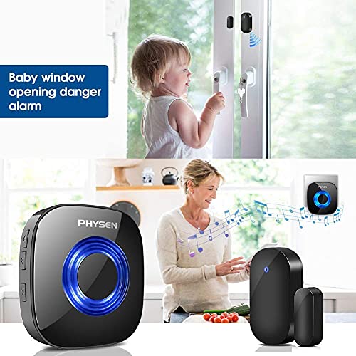 PHYSEN Timbre de Puerta Inalámbrico Sensor de Puerta Ventana de Alarma Puerta Kit de Alerta de Timbre de Puerta Abierta con Rango de 600 Pies, 5 Niveles de Volumen, 58 Melodías