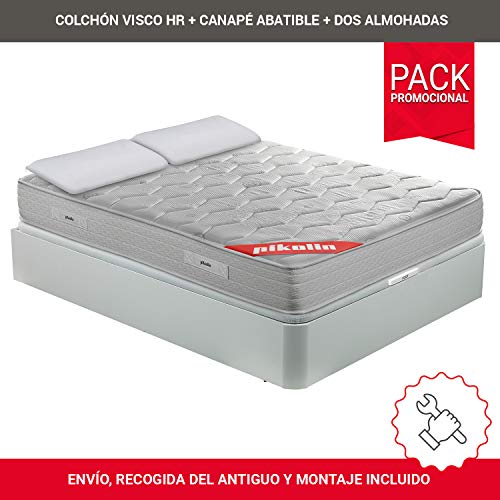 PIKOLIN Pack Colchón viscoelástico Espuma HR 150x190, canapé Base abatible Blanco con Dos Almohadas de Fibra, Incluye Subida a Domicilio, Montaje y Retirada de Usado