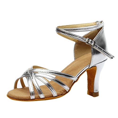 POLP Sandalias de Vestir Mujer de Danza Zapatos Tacón Bajo Cómodo Moda para Mujer Waltz Prom Ballroom Zapatos de Baile Latino Sandalias Correa de Tobillo Plata Dorado 34-41