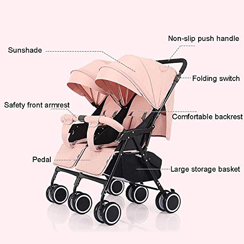 PresentKids Trike, Cochecitos de paraguas doble Cochecitos de bebé ligeros y flexibles Amortiguadores plegables Cochecitos de bebé gemelos con respaldo ajustable, seguro y cómodo, rosa Happy house