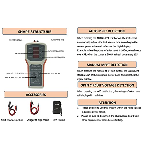 Prueba y medición WS400A PANEL FOTOVOLTAICO POWERS POWERS MULTIMETER SOLAR PAISA MPPT TESTER DE CIRCUITO ABIERTO PARA LA COMPARACIÓN DE Solución de problemas Industria y ciencia (Color : Orange)