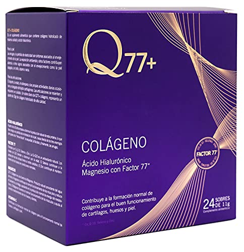 Q77+ COLÁGENO | Comprimidos de Colágeno con Magnesio, Ácido Hialurónico, Zinc, Factor 77 y Vitaminas A, C y K | Suplemento Nutricional Antienvejecimiento | Antiarrugas | 24 Sobres de 11 gr