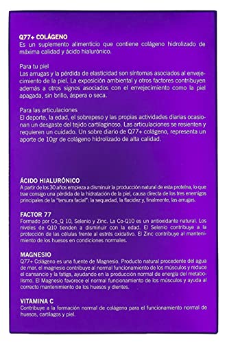 Q77+ COLÁGENO | Comprimidos de Colágeno con Magnesio, Ácido Hialurónico, Zinc, Factor 77 y Vitaminas A, C y K | Suplemento Nutricional Antienvejecimiento | Antiarrugas | 24 Sobres de 11 gr