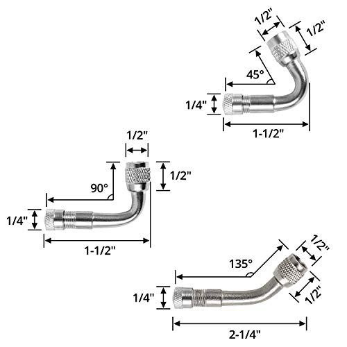 QWORK - Extensiones de Válvulas, 6 Piezas valvulas para neumaticos, alargador Valvula neumatico, para Bicicleta, Motocicleta, Coche, camión, 45 °, 90 °, 135 °, Plata