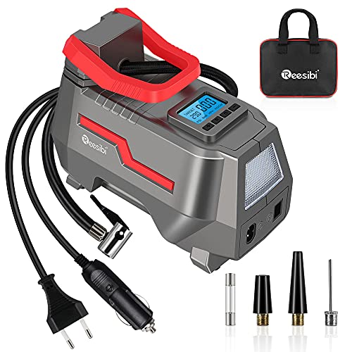 Reesibi 150PSI Compresor de Aire Portatil 220V y 12V Electricidad Dual, Compresor Bomba Inflador Electrico de Neumaticos para Coche Bici Moto y Otros Inflables, Incluye AC DC Cable, Rojo/Plata