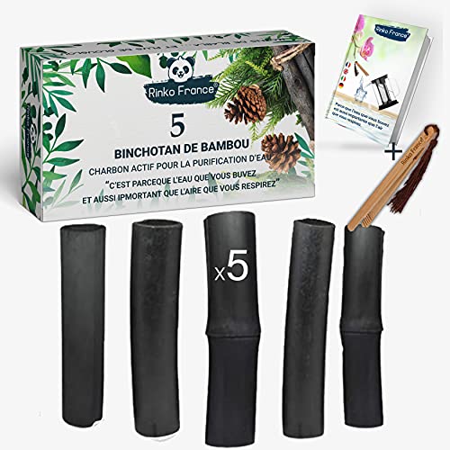 Rinko France| Binchotan de bambú 5 bastón de carbón activo ecológico para purificación y mineralización de agua 100% eficiente y ecológico, pinza elegante de bambú incluida.