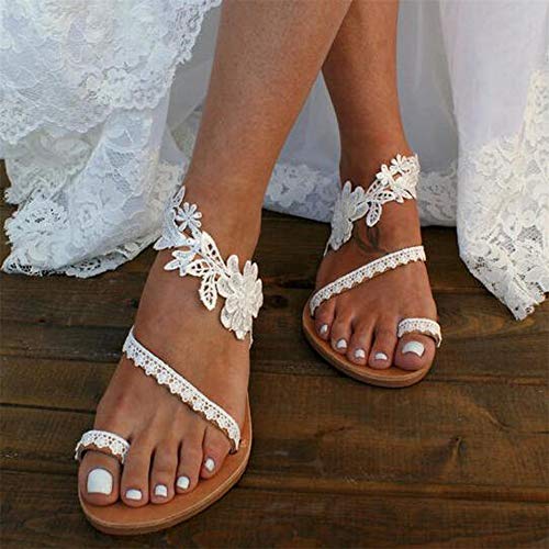 Sandalias Planas Mujer Sandalias Florales con Clip en El Dedo del Pie Sandalias de Tiras Sandalias de Gladiador Planas Florales Zapatos Romanos Zapatillas Planas Casuales para Madre Novia,White 1,42