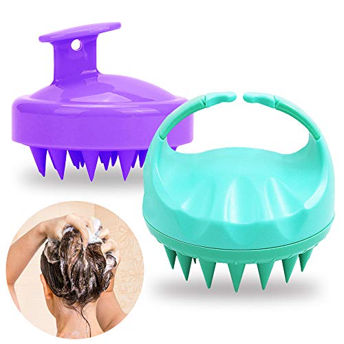 SENHAI 2 piezas Silicona Cepillo de champú para el cuidado del cuero cabelludo para todo tipo de cabello, Depurador de cabeza Masajeador de cuero cabelludo Peine de baño para mascotas -Verde Morado