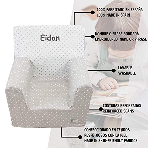 Sillón Montessori para bebés - Personalizado - Asiento Infantil de Espuma - Lavable y Desenfundable - Color Gris con Estrellas - 100% de Algodón - Hecho en España - Nenel