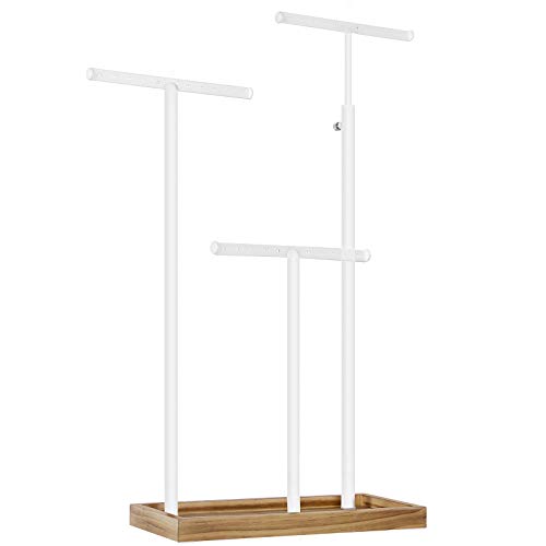 SONGMICS 2-en-1 Soporte para Joyas, Árbol de Joyas con 3 Barras de Metal en Forma de T con Agujeros y Bandeja, Ajustable para Collares, Pendientes, Anillos, Marrón Rústico y Blanco, Navidad, JJS016W01