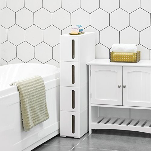 SONGMICS Cajonera Estrecha, Carrito Estrecho, Organizador Estrecho con 4 cajones, Deslizable con Ruedas extraíbles, Almacenaje baño, PP, Ahorro Espacio, 45 x 17 x 84 cm, Blanco y Marrón KFR08WT