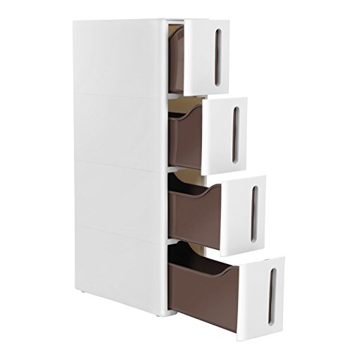 SONGMICS Cajonera Estrecha, Carrito Estrecho, Organizador Estrecho con 4 cajones, Deslizable con Ruedas extraíbles, Almacenaje baño, PP, Ahorro Espacio, 45 x 17 x 84 cm, Blanco y Marrón KFR08WT