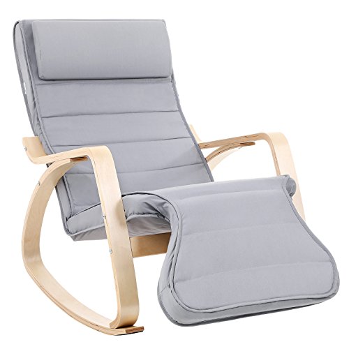 SONGMICS Mecedora, Sillón Tumbona, Madera de Abedul, con Reposapiés Ajustable, Funda Desmontable y Lavable, Capacidad de Carga de 150 kg, 67 x 125 x 91 cm, Gris LYY42G