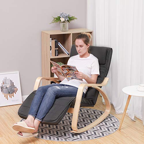 SONGMICS Silla Mecedora con Apoyabrazos de Madera de Abedul, Silla Mecedora con Reposapiés Ajustable en 5 Posiciones, Capacidad de Carga Máxima 150 kg, Dormitorio, Salón, Gris Oscuro LYY10G