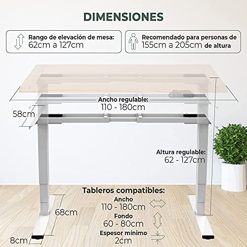 Tablakala Standing Desk. Estructura de Mesa elevable, Ajustable en Altura de 62 a 127cm. Mesa Escritorio Ordenador, eléctrica, con 2 Motores y 4 Posiciones de Memoria. Trabaja Sentado y de pie