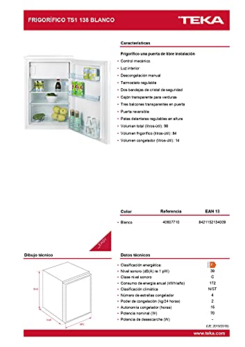 TEKA | Frigorífico bajo encimera de 85 cm de 2 Puertas | Independiente | TS1 138 | Eficiencia Energética A++ | 84.5 x 50.1 x 54 | Blanco