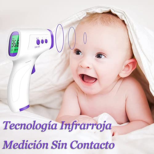 Termómetro Infrarrojos, Termómetro Digital Termómetro Infrarrojos sin contacto Termómetro de Frente con Pantalla LCD/50 Grupos Datos/Alarma de Fiebre para Bebé Adultos Humanos Cocina