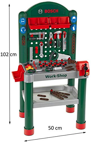 Theo Klein 8320 Taller Bosch, Superficie de trabajo de 79 piezas con función de aprendizaje, Medidas: 50 cm 37 cm 102 cm, Juguete para niños a partir de 3 años