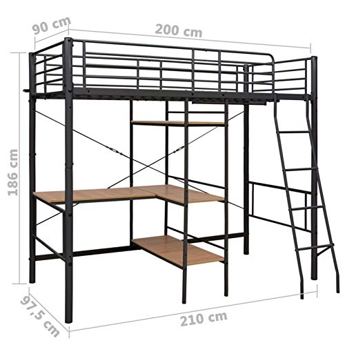 Tidyard Estructura de litera con Mesa de Metal Negro 90x200 cm