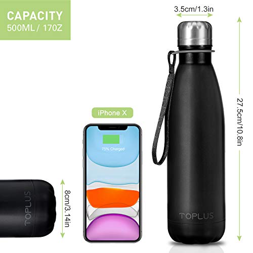 TOPLUS Botella de Agua Acero Inoxidable 304 Termo - 500ml, Termo Sin BPA Ecológica Reutilizable, Botella Termica con Pajita y Filtro para Niños & Adultos, Deporte(Black)