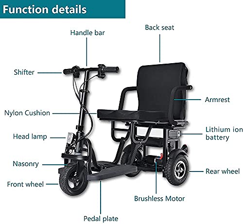 TSYFFF Vespa De Viaje Portátil Scooter De 3 Ruedas Movilidad Eléctrica Plegable para Ancianos/Discapacitados/De Viaje Al Aire Libre Scooter Eléctrico Soporte Móvil Ligero 120kg Peso Solo 25kg