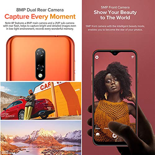 Ulefone Note 8P Android 10 4G Teléfono Móvil, 5.5 '' Waterdrop Pantalla Smartphone, Quad Core 2GB + 16GB, SIM Dual + SD (Ranura para 3 Tarjetas), Desbloqueo Facial, Cámara 8MP+2MP+5MP GPS Rojo