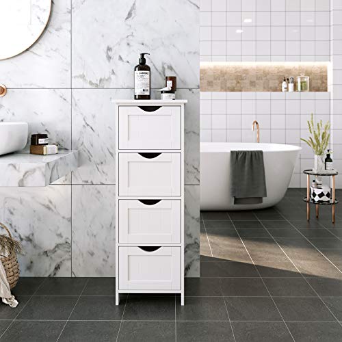 VASAGLE Gabinete de Baño, Gabinete de Almacenamiento con 4 Cajones, 30 x 30 x 82 cm, para Sala de Estar, Cocina y Pasillo, Blanco LHC40W