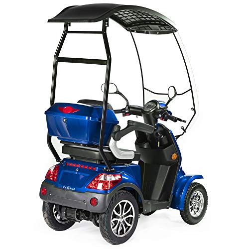 VELECO Motocicleta para personas mayores con batería de iones de litio de 4 ruedas, 1000 W, FASTER (color azul con techo)