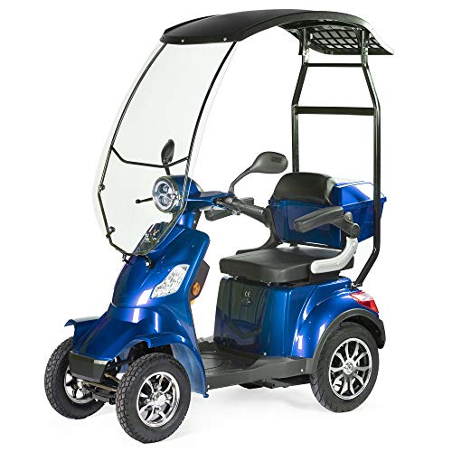 VELECO Motocicleta para personas mayores con batería de iones de litio de 4 ruedas, 1000 W, FASTER (color azul con techo)