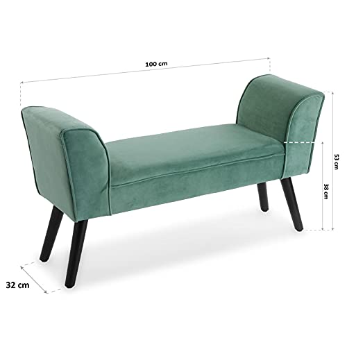 Versa Aguamarina Taburete pie de Cama para el Dormitorio, Banco para el Hall o la Entrada, con Apoyabrazos, Medidas (Al x L x An) 53 x 32 x 100 cm, Algodón y Madera, Color Verde