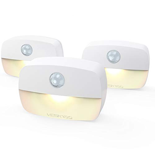 VESKYAO luz de Noche, Luz Nocturna LED con Sensor de Movimiento, Luces que Funcionan con Pilas, Adecuada para Dormitorio, Baño, Inodoro, Escaleras, Cocina, Pasillo (3 Pack)