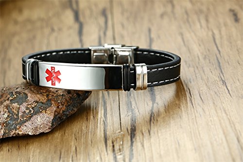 VNOX Pulsera Personalizada del Brazalete del Cuero Genuino Identificación Médica Alerta Acero Inoxidable,Grabado Libre