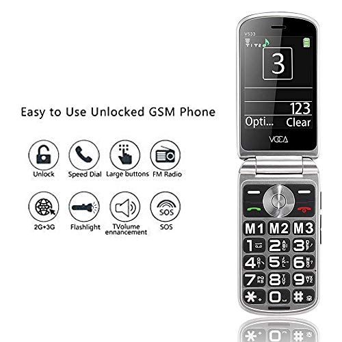 VOCA 3G V533 Teléfono Móvil Simple para Ancianos con Teclas Grandes,SOS Botones, predecir Texto, ácil de Usar telefonos basicos para Mayores (Plata Negro)