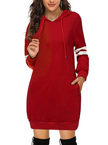 VONDA Sudaderas Mujer con Capucha Invierno Vestido Casual Manga Larga Color Sólido Camisetas de Deporte con Bolisillos A-Rojo XXL